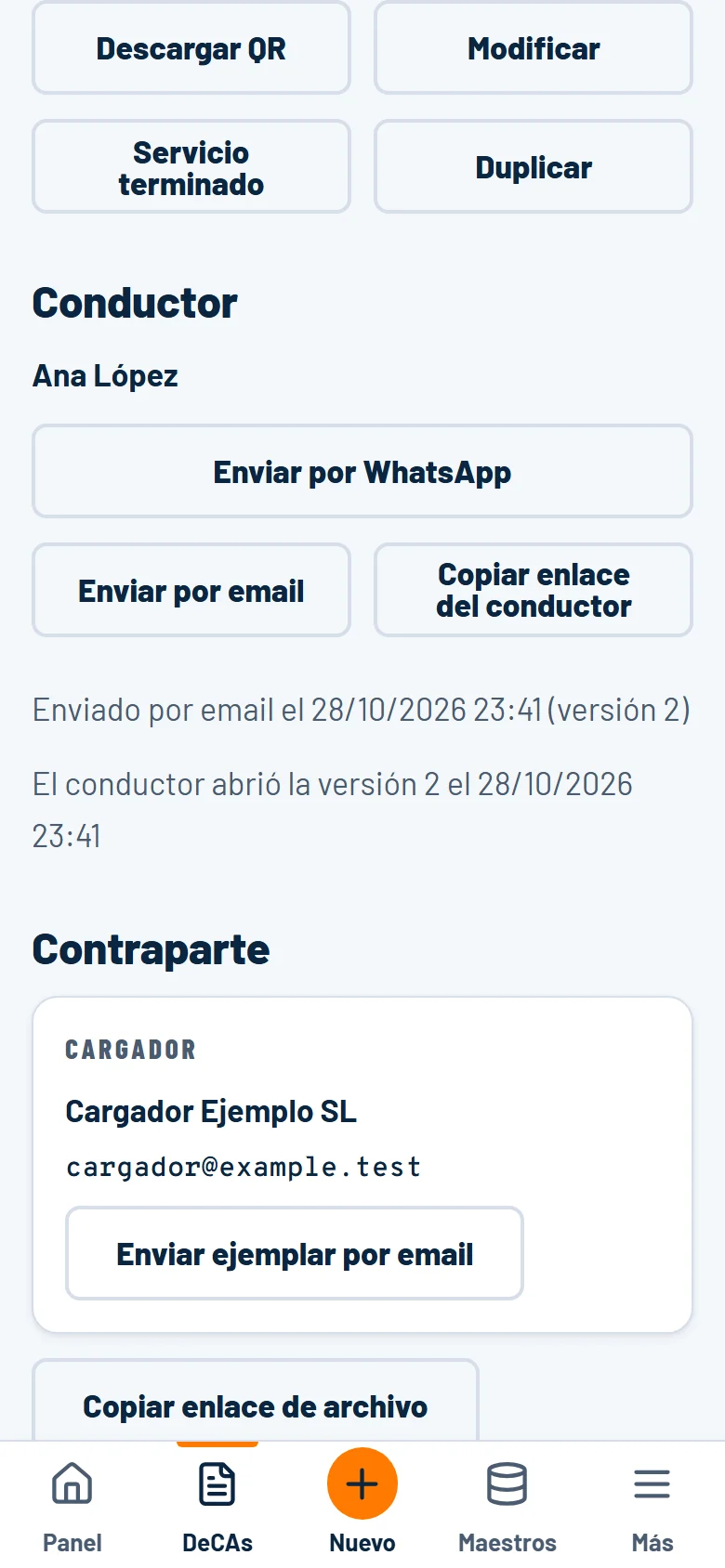 Envío del DeCA a la conductora por WhatsApp o email