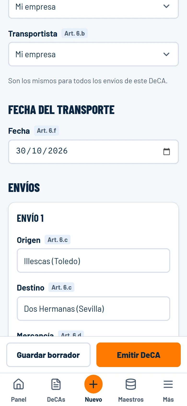 Formulario de nuevo DeCA con origen Illescas y destino Dos Hermanas